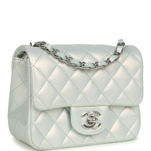 Chanel Mini Classic Square Flap Bag Blue Iridescent Calfskin Silver Hardware