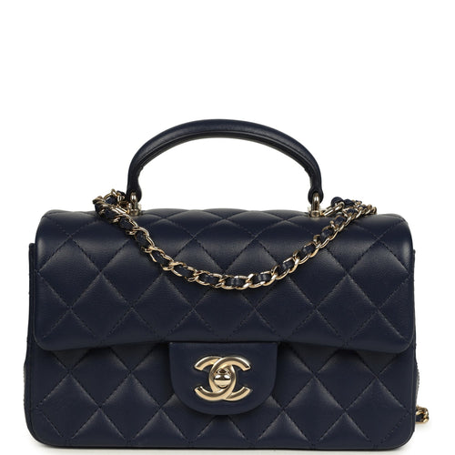 Chanel Mini Classic Rectangular Top Handle Flap Navy Lambskin Light Gold Hardware