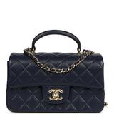 Chanel Mini Classic Rectangular Top Handle Flap Navy Lambskin Light Gold Hardware