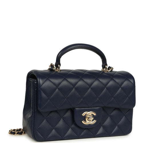 Chanel Mini Classic Rectangular Top Handle Flap Navy Lambskin Light Gold Hardware