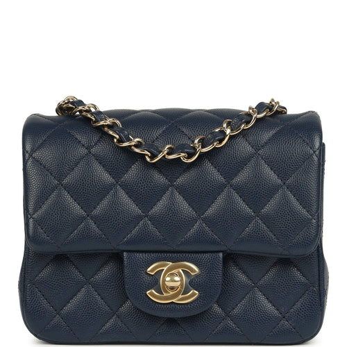 Pre-owned Chanel Mini Classic Square Flap Bag Navy Blue Caviar Gold Hardware