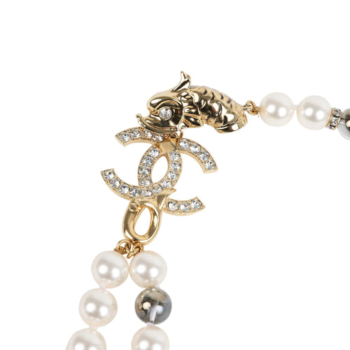 Chanel Layered Pearl, Gripoix, and Strass Gold Metal Fish Head Logo Necklace