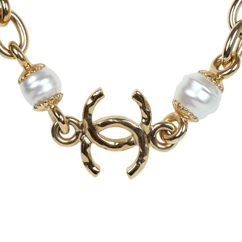 Chanel CC Gold Tone Metal Pearl Necklace Gold Hardware