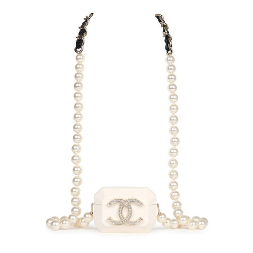 Chanel Crystal CC Resin & Pearls Airpod Pro Case Necklace Light Gold Hardware