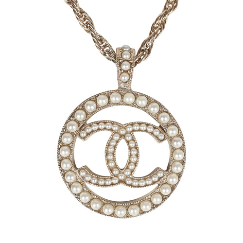 Chanel Round CC Pearl Pendant Necklace Faux Pearls & Light Gold Tone Hardware