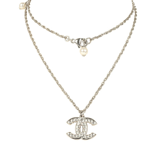 Chanel Faux Pearl and Crystal CC Pendant Necklace Silver Tone Hardware