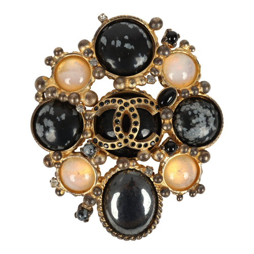 Vintage Chanel Oval CC Cabochon Brooch Multi Gold Plated Hardware