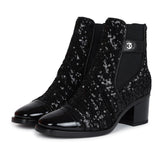 Chanel Cap Toe Ankle Boots Black Sequin Patent EU 35.5