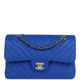 Chanel Small Classic Double Flap Blue Chevron Caviar Light Gold Hardware