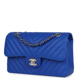 Chanel Small Classic Double Flap Blue Chevron Caviar Light Gold Hardware