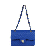 Chanel Small Classic Double Flap Blue Chevron Caviar Light Gold Hardware