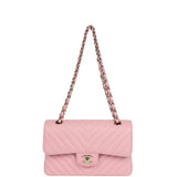 Chanel Small Classic Double Flap Bag Light Pink Chevron Caviar Light Gold Hardware