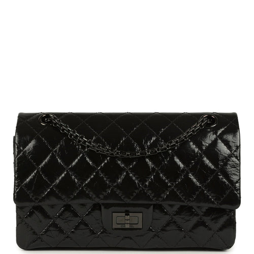 Pre-owned Chanel Small Reissue 225 2.55 Double Flap Bag So Black Shiny Crumpled Calfskin Black Hardware