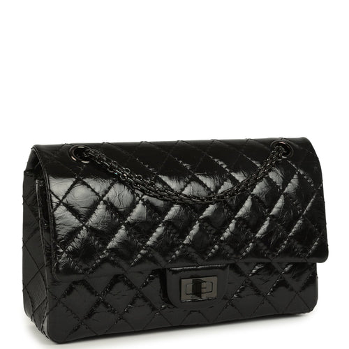 Pre-owned Chanel Small Reissue 225 2.55 Double Flap Bag So Black Shiny Crumpled Calfskin Black Hardware
