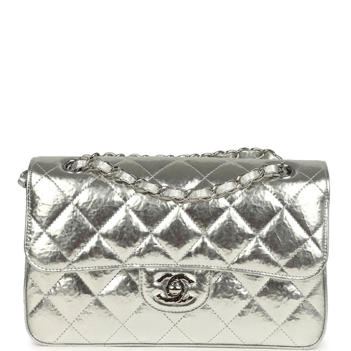 Pre-owned Chanel Small Classic Double Flap Silver Hammered Metallic Calfskin Silver Hardware