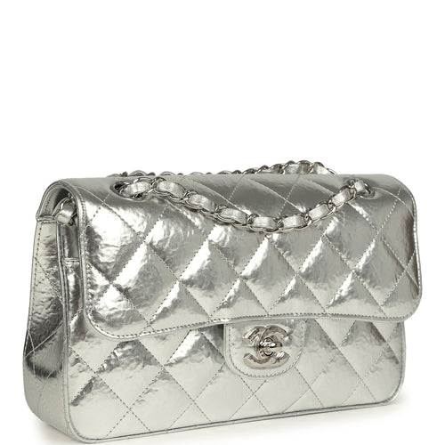 Pre-owned Chanel Small Classic Double Flap Silver Hammered Metallic Calfskin Silver Hardware