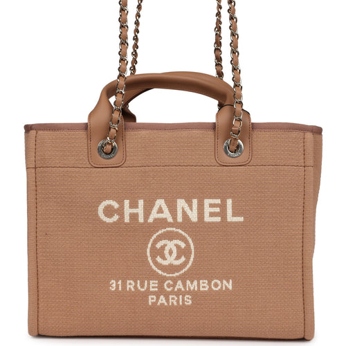 Chanel Small Deauville Shopping Tote Dark Beige Canvas Light Gold Hardware
