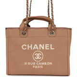 Chanel Small Deauville Shopping Tote Dark Beige Canvas Light Gold Hardware