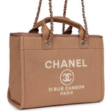 Chanel Small Deauville Shopping Tote Dark Beige Canvas Light Gold Hardware