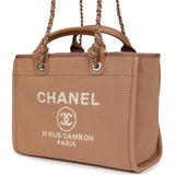 Chanel Small Deauville Shopping Tote Dark Beige Canvas Light Gold Hardware