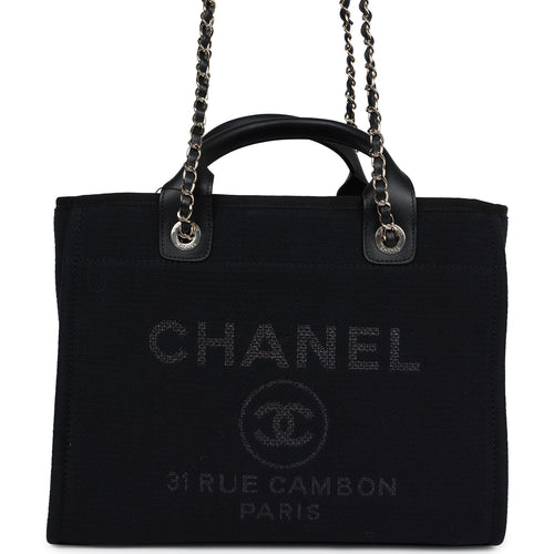 Chanel Small Deauville Shopping Tote Black Canvas Light Gold Hardware