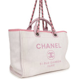 Pre-owned Chanel Medium Deauville Shopping Tote Light Pink Raffia and Canvas Silver Hardware