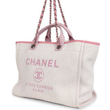 Pre-owned Chanel Medium Deauville Shopping Tote Light Pink Raffia and Canvas Silver Hardware