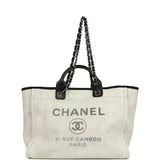 Preowned Chanel Medium Deauville Shopping Tote Light Grey Raffia and Canvas Silver Hardware