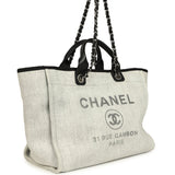Preowned Chanel Medium Deauville Shopping Tote Light Grey Raffia and Canvas Silver Hardware