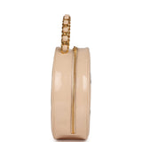 Vintage Chanel Round Vanity Bag Beige and Black Patent Leather Antique Gold Hardware