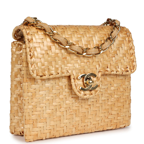 Vintage Chanel Mini Flap Bag Natural Wicker Gold Hardware