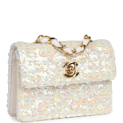 Vintage Chanel Micro Half Flap Iridescent Ivory Sequin Gold Hardware