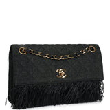 Vintage Chanel Quilted Fringe Single Flap Bag Black Raffia Gold Hardware