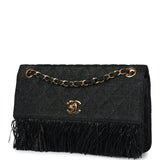 Vintage Chanel Quilted Fringe Single Flap Bag Black Raffia Gold Hardware