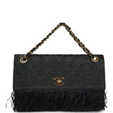 Vintage Chanel Quilted Fringe Single Flap Bag Black Raffia Gold Hardware
