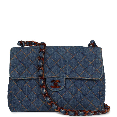 Vintage Chanel Jumbo Classic Single Flap Bag Blue Denim Tortoiseshell Bakelite Hardware