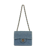 Vintage Chanel Mini Square Flap Bag Blue Denim Gold Hardware
