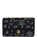 Vintage Chanel Medium Icon Print Double Flap Bag Navy Canvas Brushed Gold Hardware