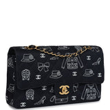 Vintage Chanel Medium Icon Print Double Flap Bag Navy Canvas Brushed Gold Hardware