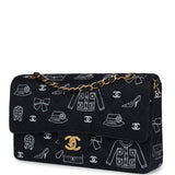 Vintage Chanel Medium Icon Print Double Flap Bag Navy Canvas Brushed Gold Hardware