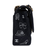 Vintage Chanel Medium Icon Print Double Flap Bag Navy Canvas Brushed Gold Hardware