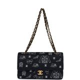 Vintage Chanel Medium Icon Print Double Flap Bag Navy Canvas Brushed Gold Hardware