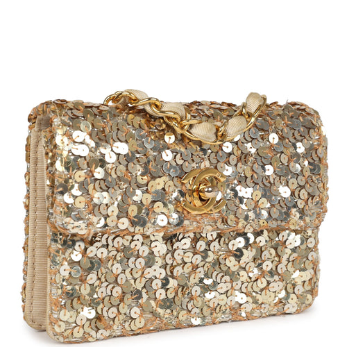 Vintage Chanel Mini Half Flap Bag Gold Sequin Gold Hardware
