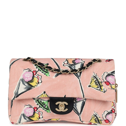 Vintage Chanel Zip Flap Bag Ice Cream Printed Pink Multicolor Canvas Brushed Gold Hardware