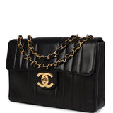 Vintage Chanel Jumbo Classic Mademoiselle Vertical Flap Black Lambskin Gold Hardware