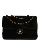 Vintage Chanel XL Classic Chevron Single Flap Bag Black Velvet Gold Hardware