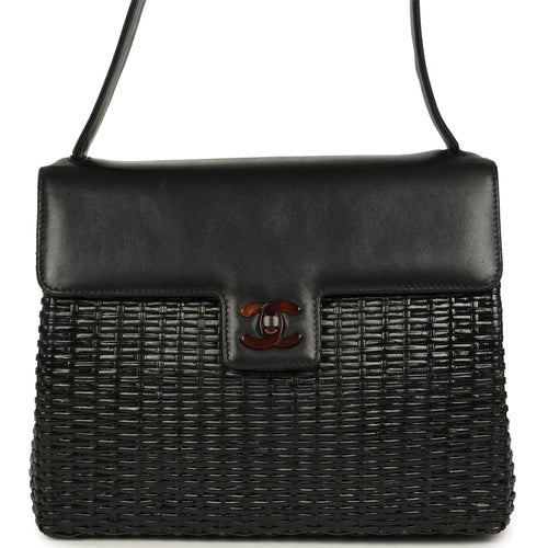 Vintage Chanel Wicker Basket Bag Black Lambskin and Rattan Bakelite Hardware