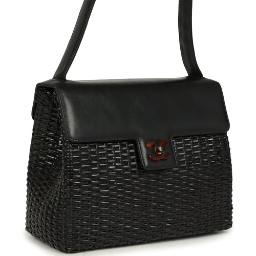Vintage Chanel Wicker Basket Bag Black Lambskin and Rattan Bakelite Hardware