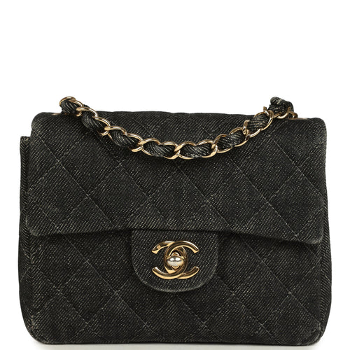 Vintage Chanel Mini Square Flap Bag Black Denim Gold Hardware