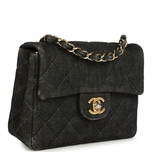 Vintage Chanel Mini Square Flap Bag Black Denim Gold Hardware
